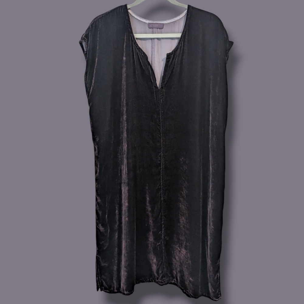 CP Shades Plum Purple Velvet Silk Short Sleeve Loose Tunic Mini Dress LG